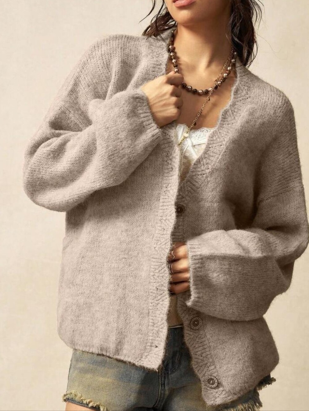 New Oversized Scalloped Trim Button Up Knit Cardigan Sweater Pockets Beige Tan - Picture 6 of 10